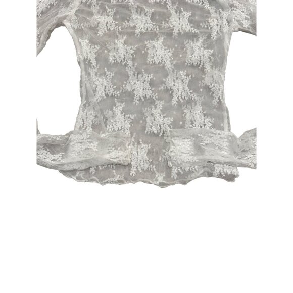 Sheer White Floral Embroidered Long Sleeve Mock Neck Top Womens S Polyester Blen - Picture 6 of 7